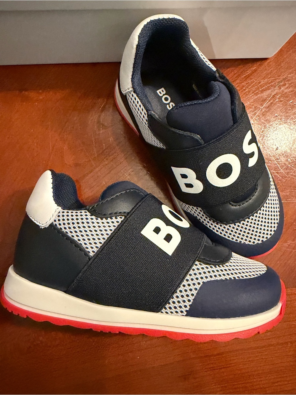BOSS Kids Navy, White and Red Slip-On Sneaker with Logo Strap
